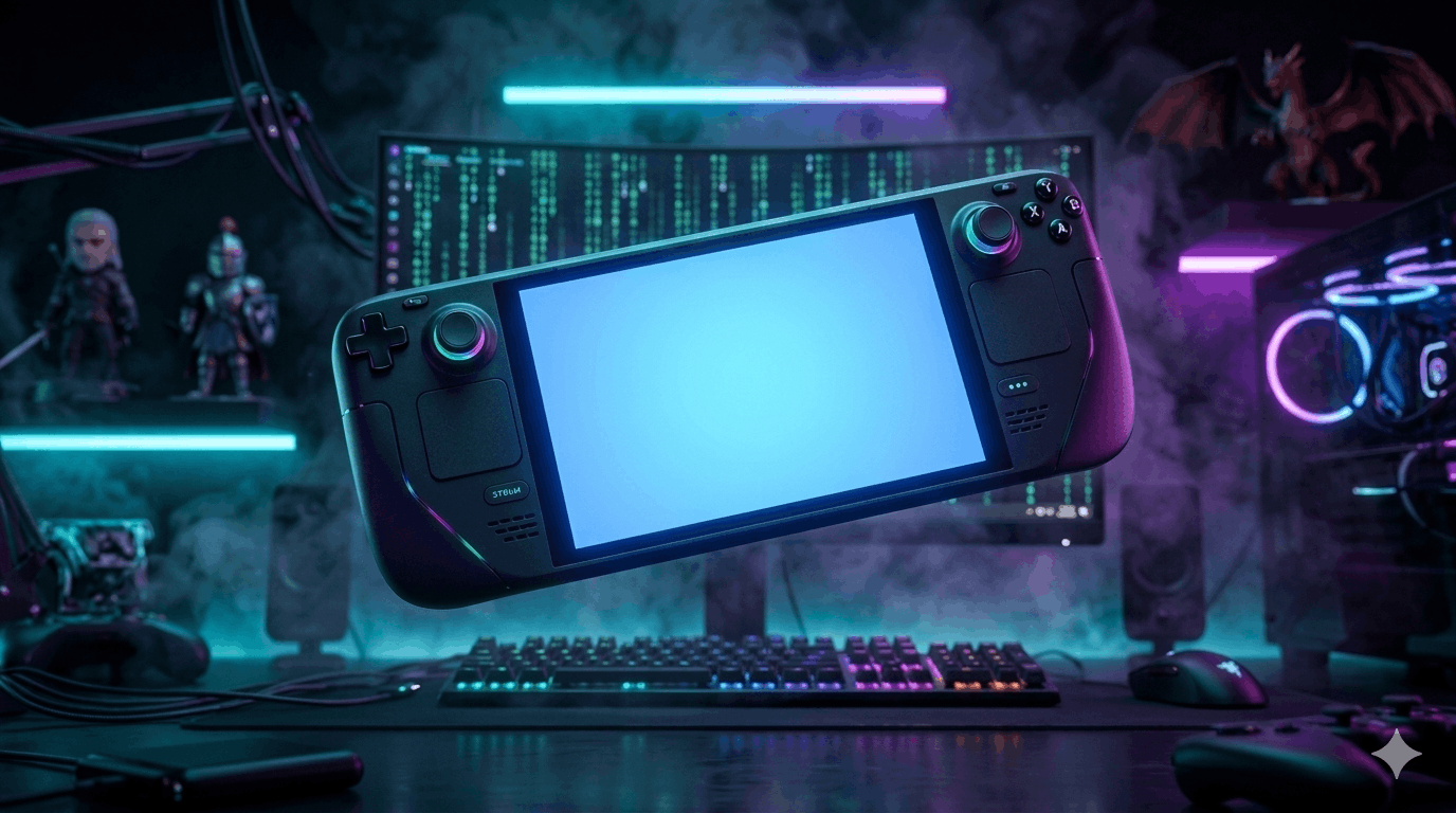Valve Steam Deck floating in front of a glowing RGB gaming setup