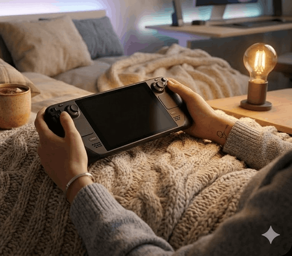 Steam Deck auf dem Bett
